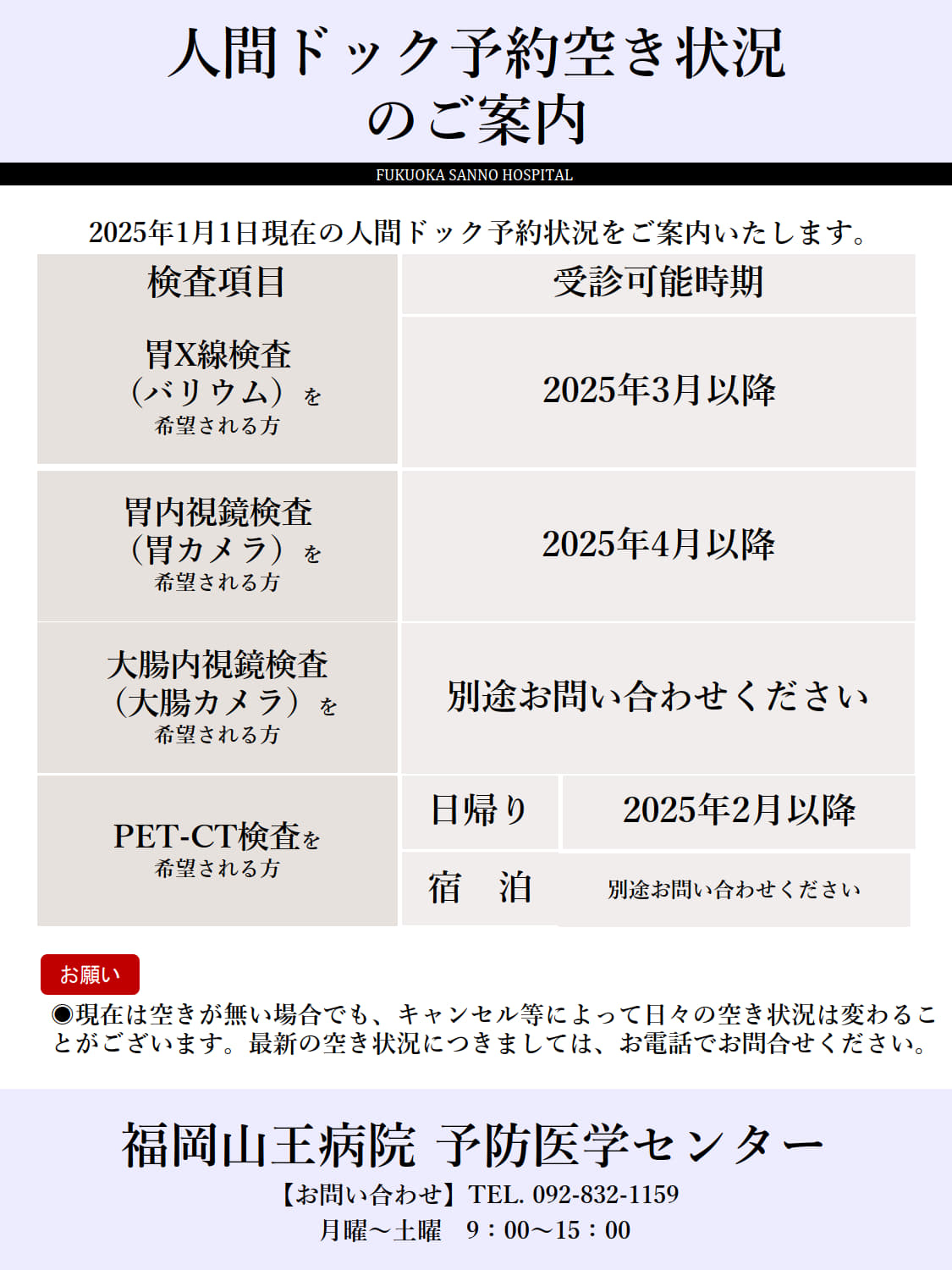 人間ドック予約状況のご案内（2025年1月）